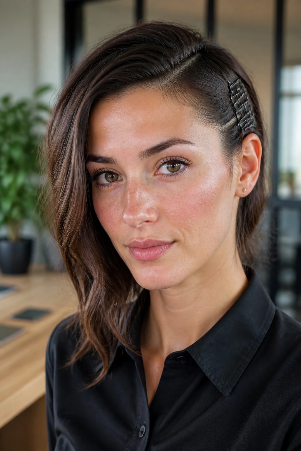 Close-up of a real woman with a pin-secured side sweep behind the ear
