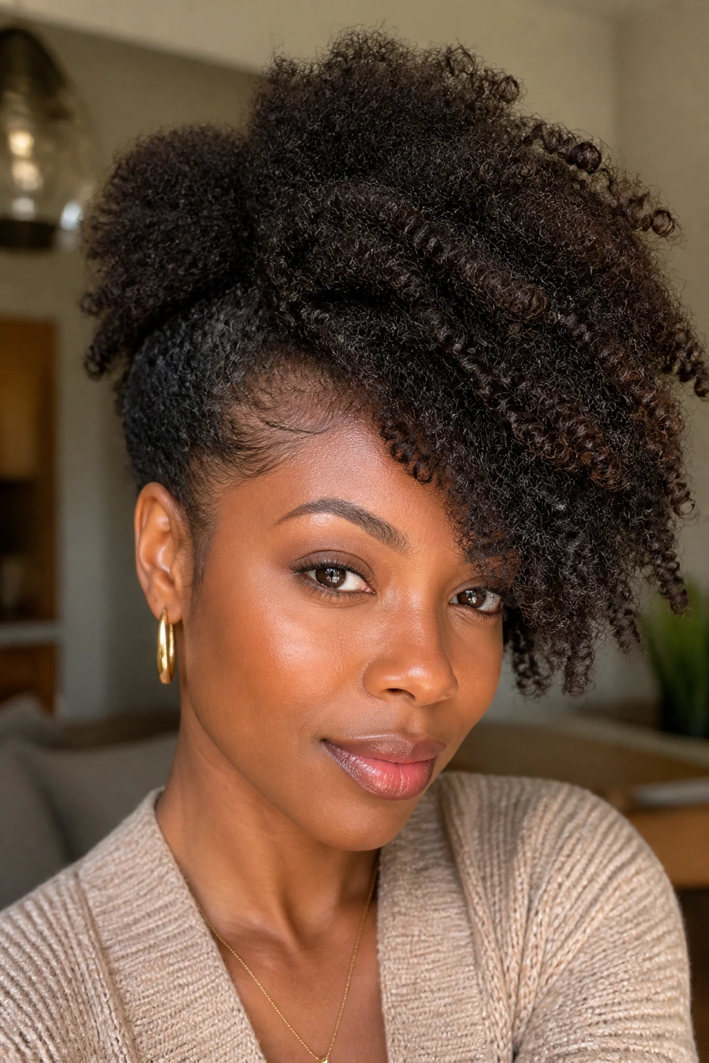 Portrait of a real woman with a side-swept afro puff in warm daylight