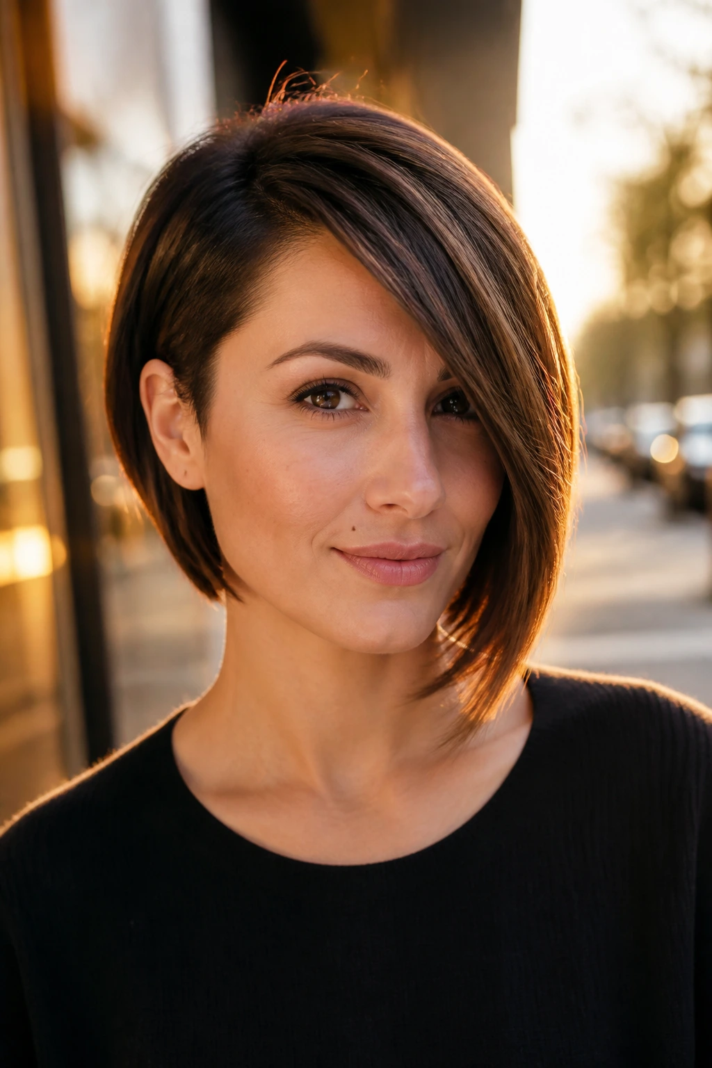 Close-up of a woman with side-swept asymmetrical bob in city light