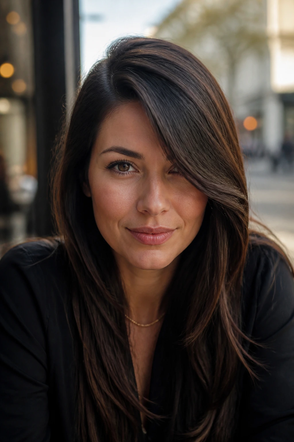 Close-up of a real woman with a deep-parted side swept bangs