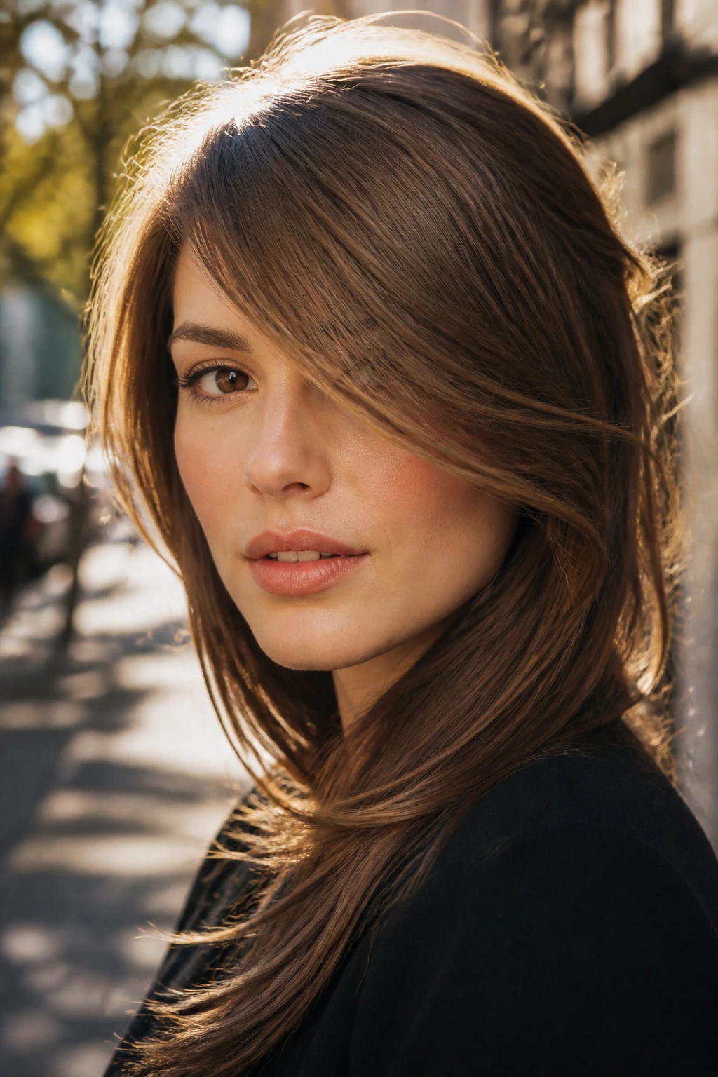 Real woman with long side-swept bangs across her cheek