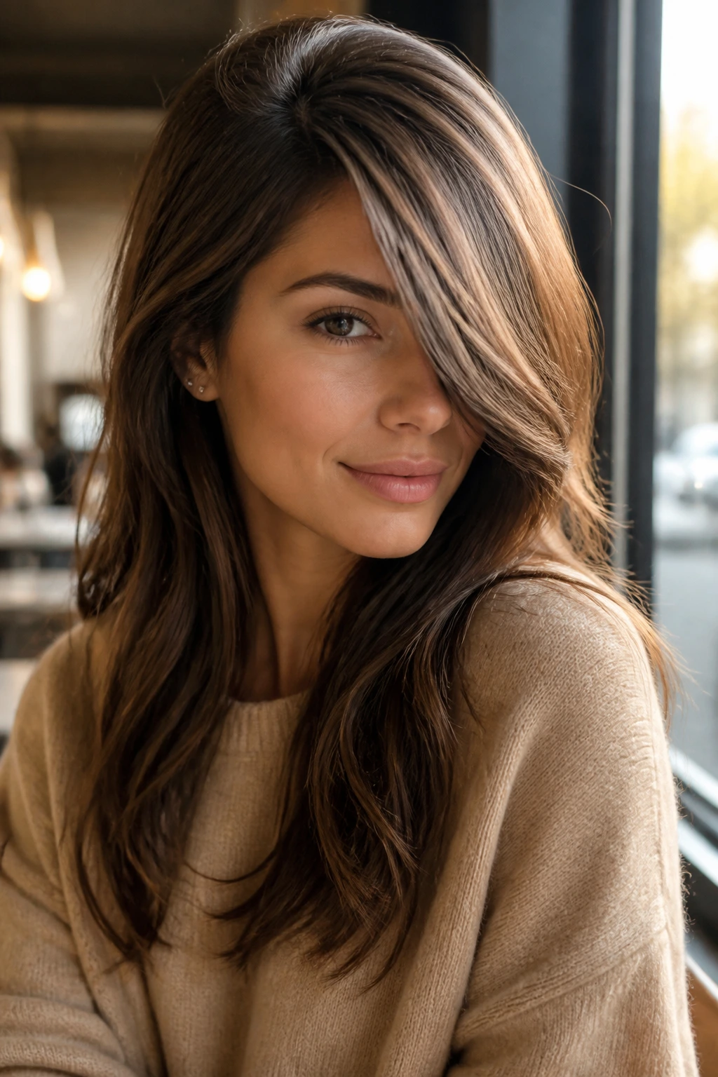 Real woman with side-swept asymmetric bangs and long layers