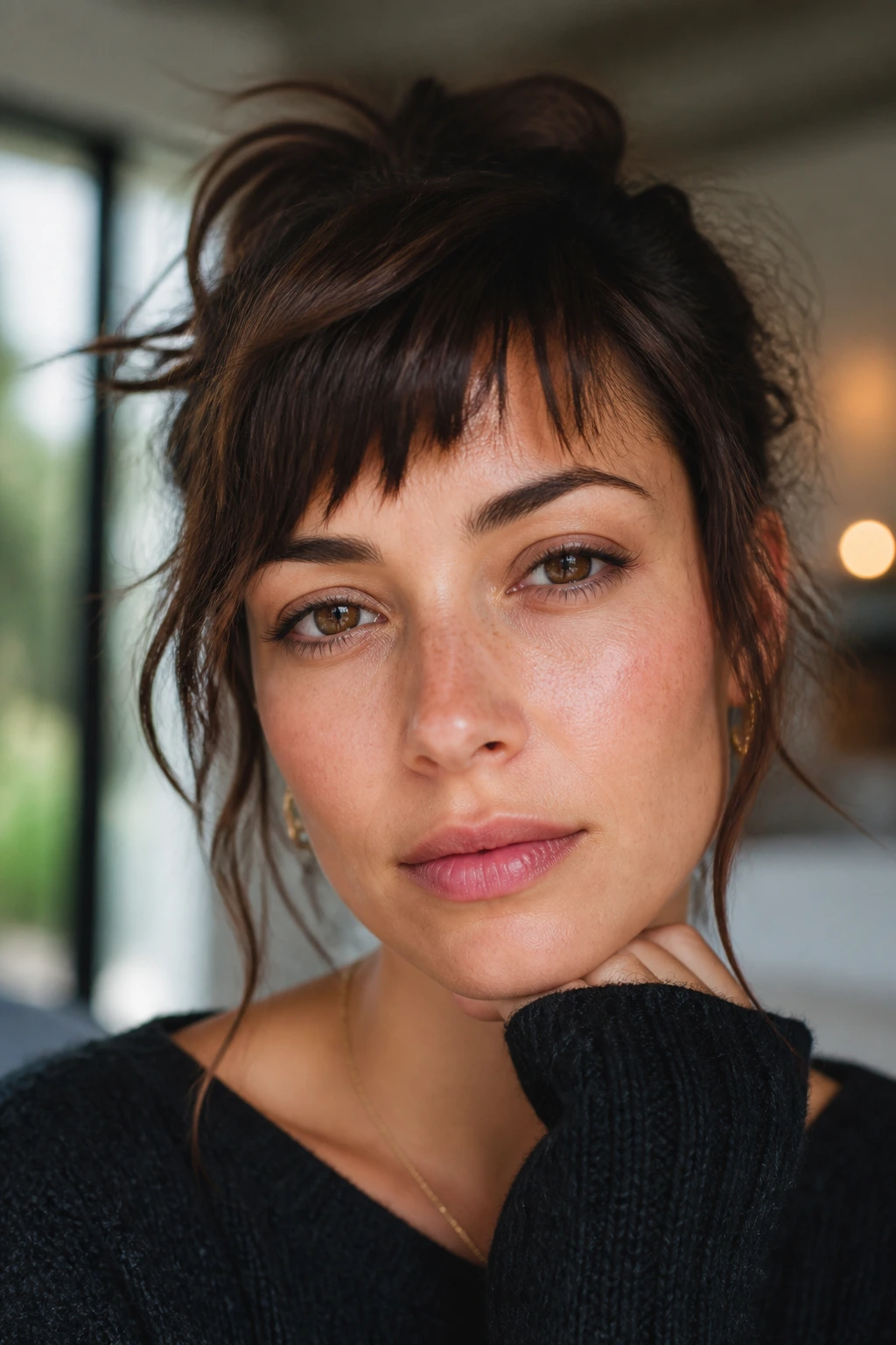 Close-up of a real person with side-swept jagged fringe, natural window light