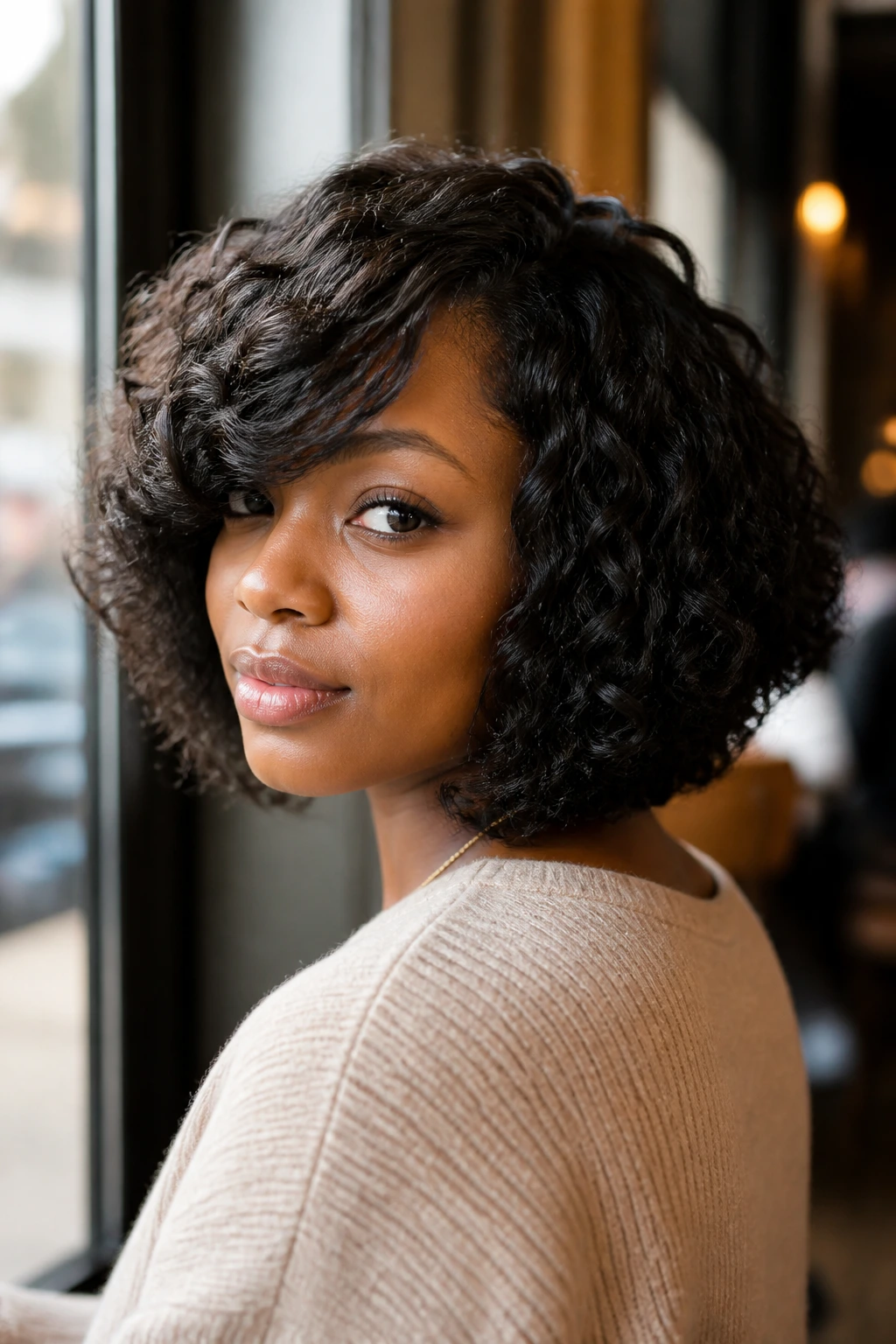 Portrait of a real woman with sweeping side-swept bangs integrated into a bob