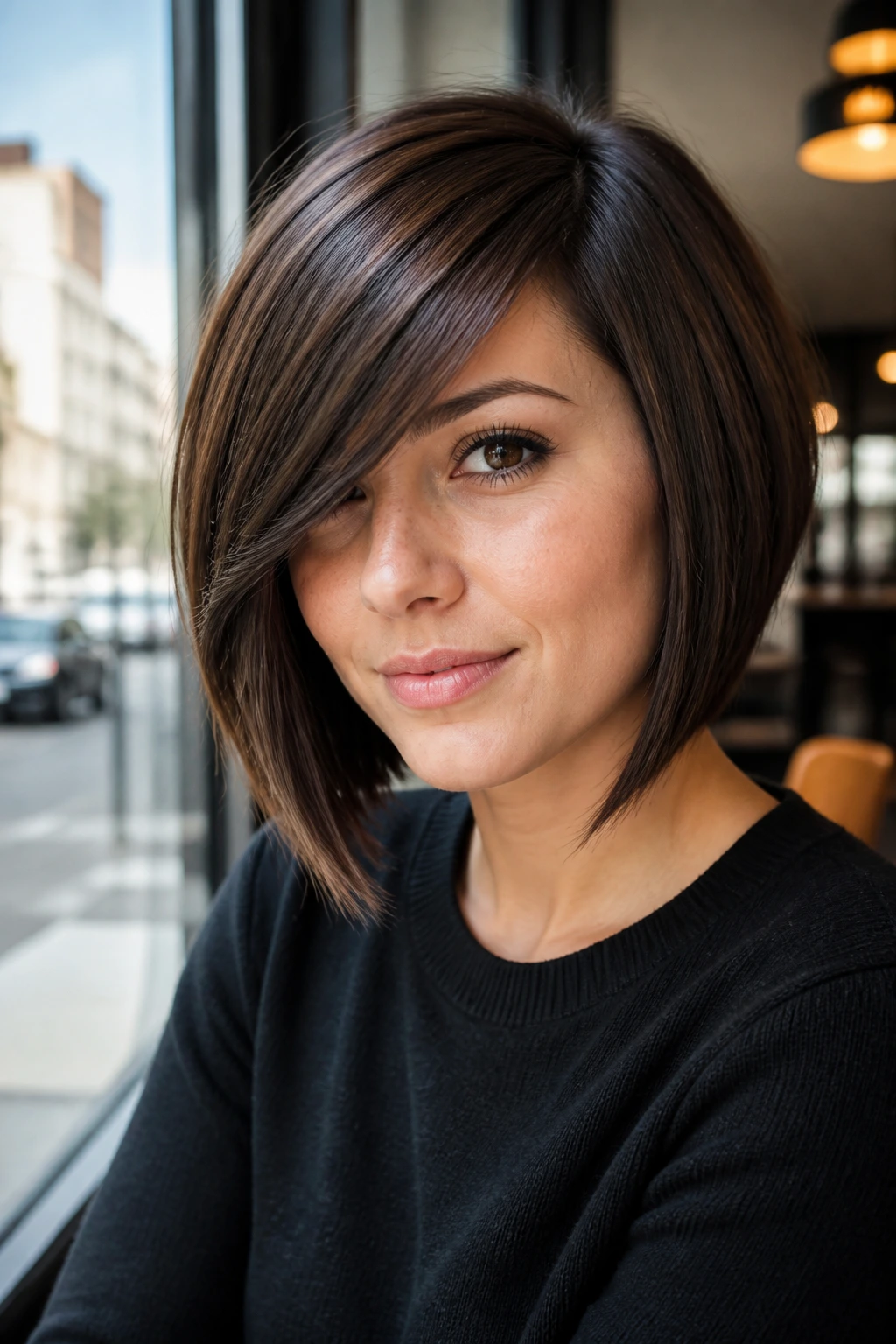 Portrait of a woman with side-swept bang bob in bright window light