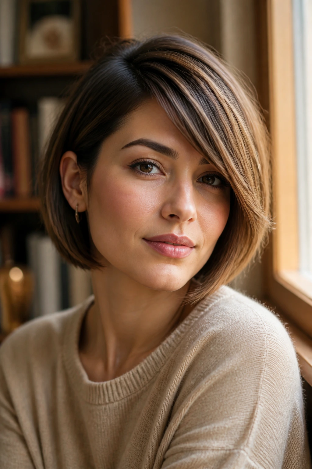 Portrait of a woman with side-swept bangs bob