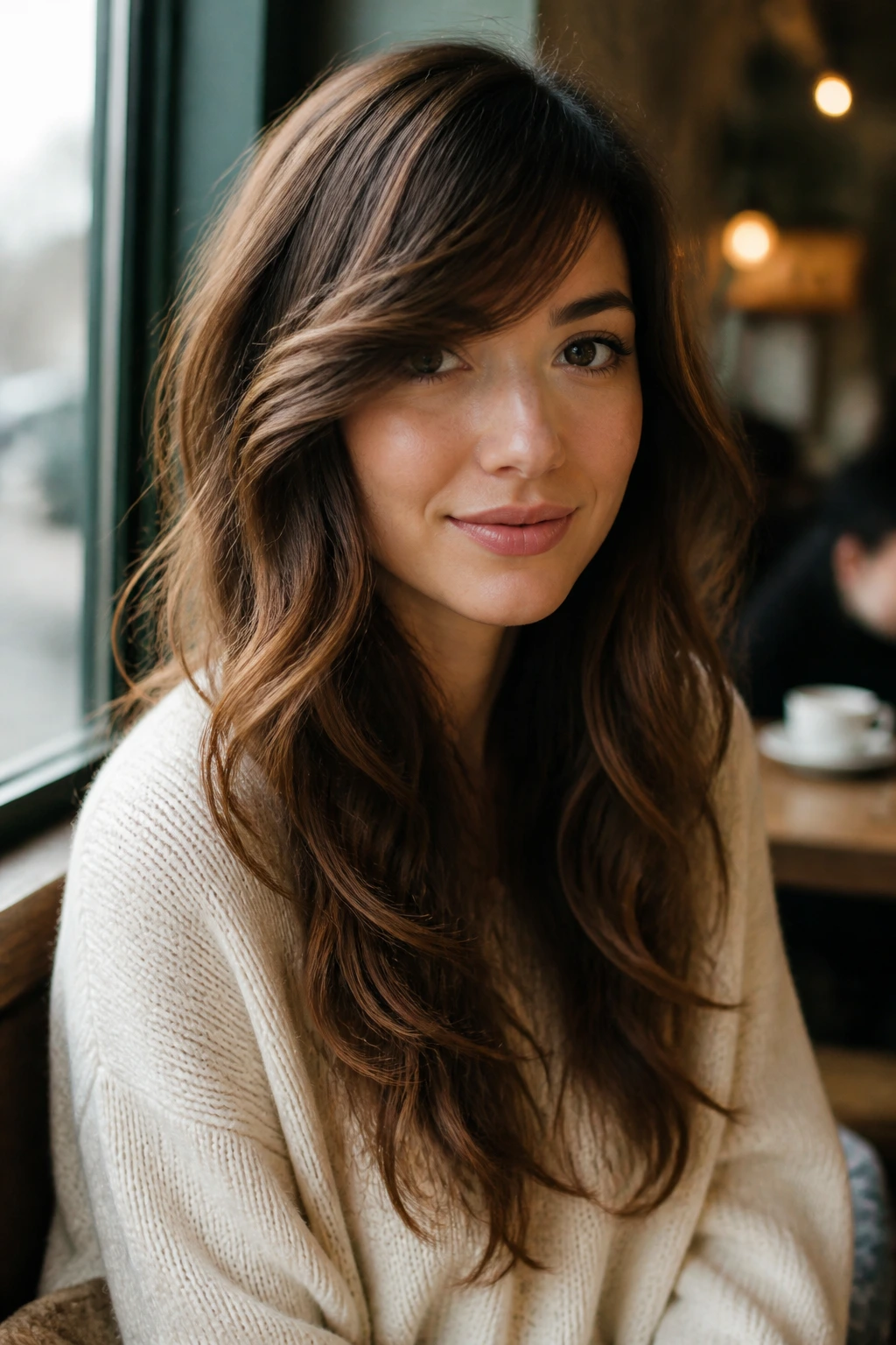 Close-up of side-swept bangs with cascading waves on a real person