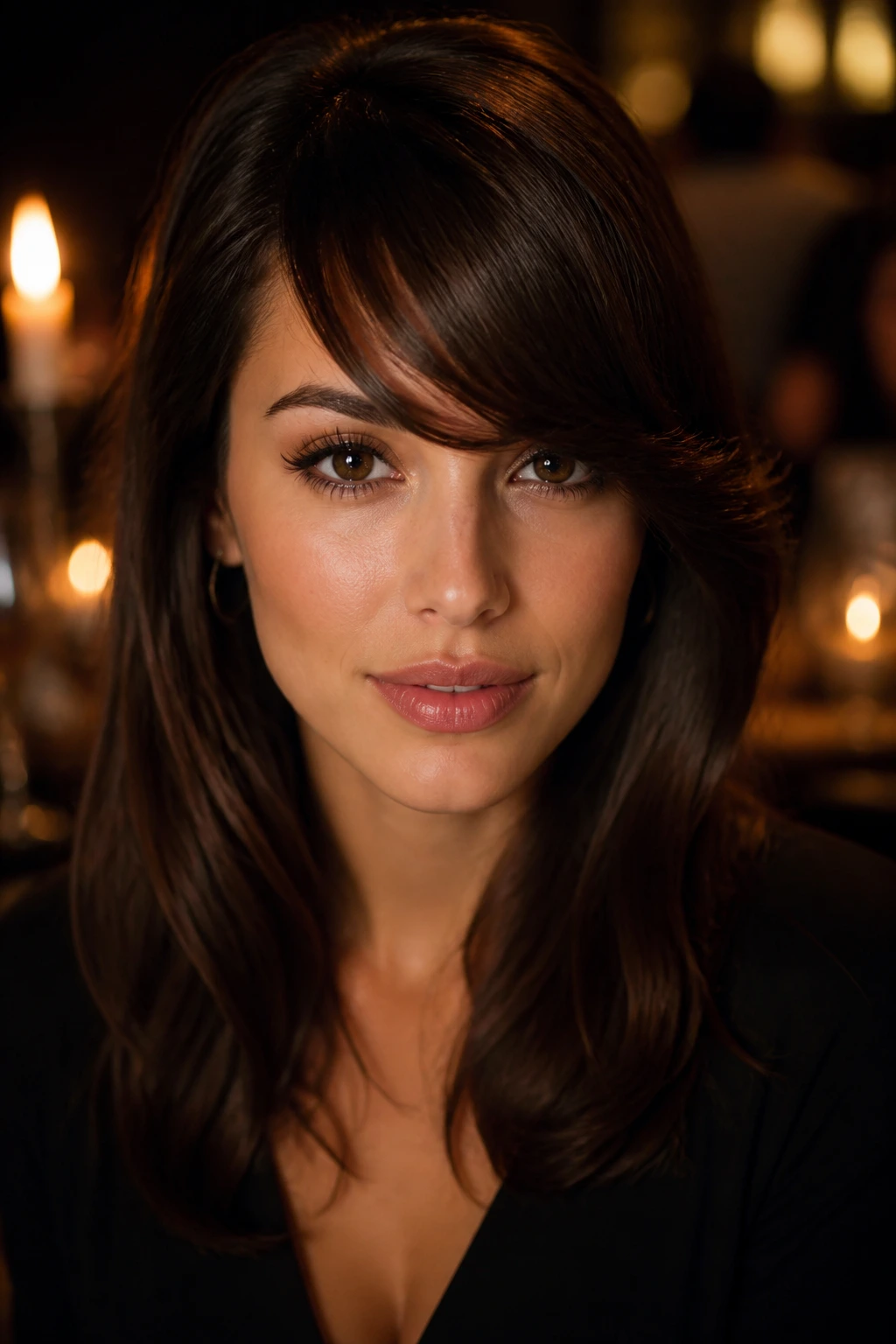 Close-up of a woman with deep side-swept bangs in chocolate brown hair