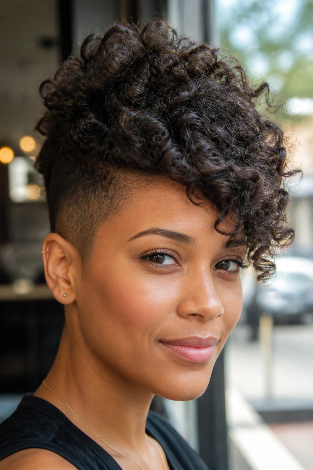 Close-up portrait of a real person with side-swept bangs in a faux hawk.