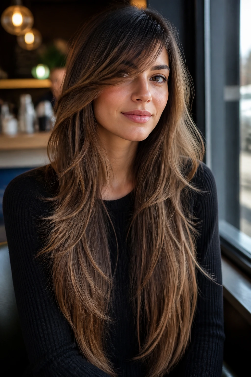 Portrait of a real woman with side-swept feathered bangs and long V-cut layers.