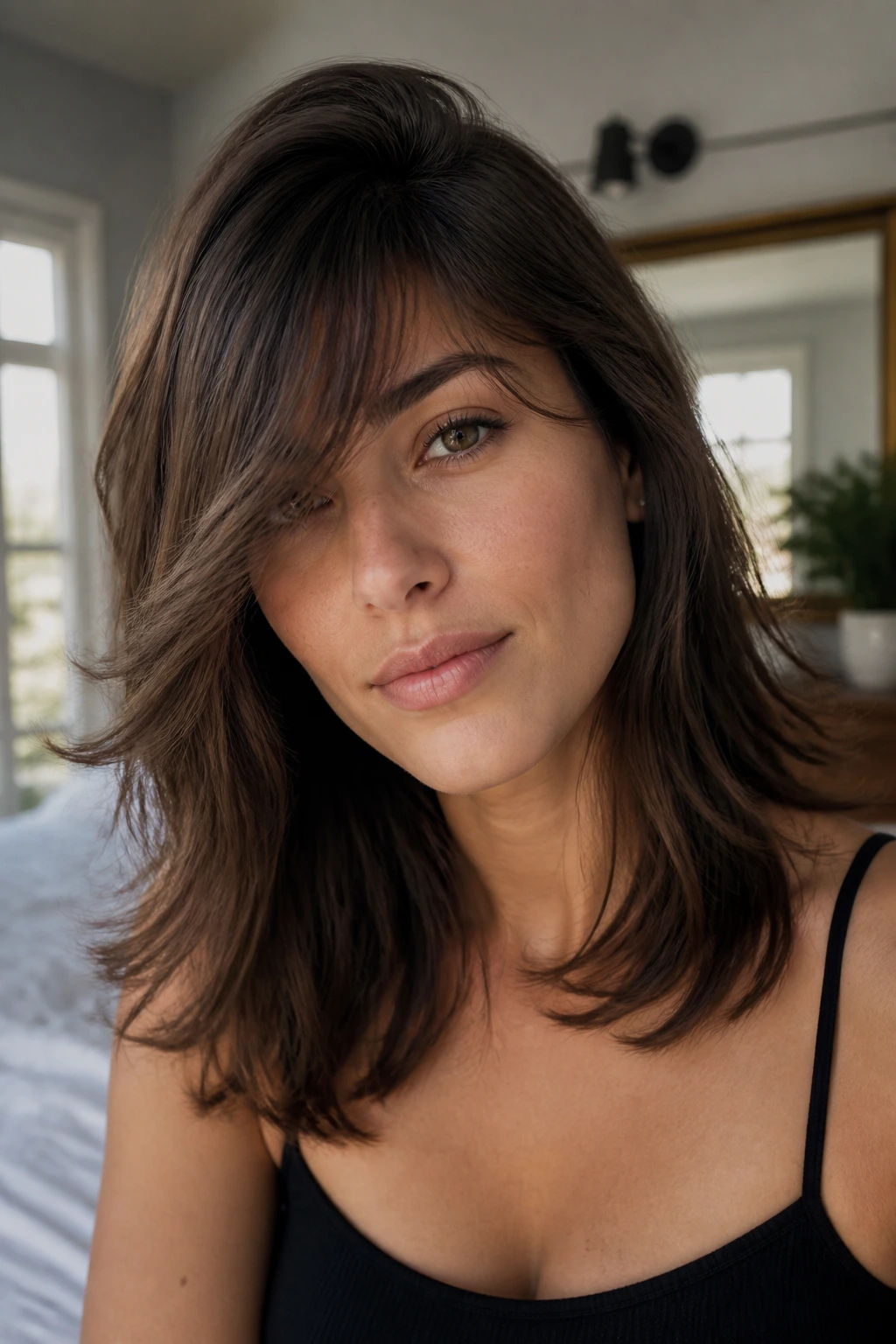 Close-up of a woman with side-swept cascading bangs and feathered outlines in warm window light