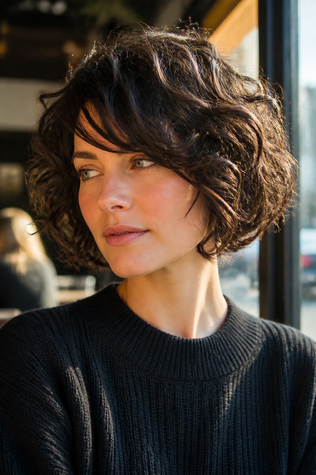 Portrait of a real woman with side-swept bangs in curly inverted bob in a cafe setting