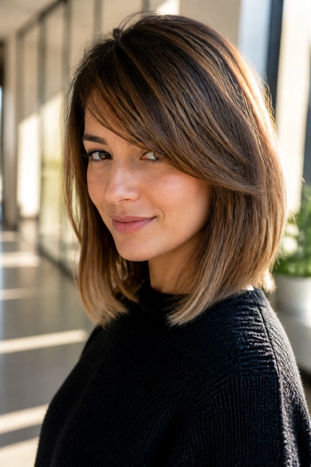 Medium close-up of a real woman with long side-swept bangs