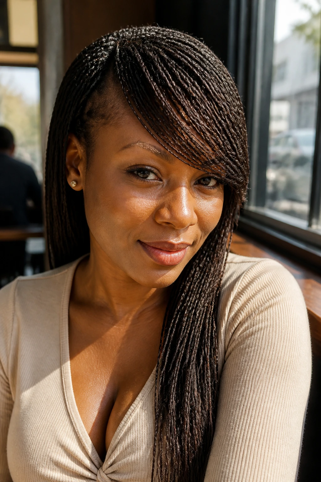 Close-up portrait of a real person with side-swept micro braids framing the face.
