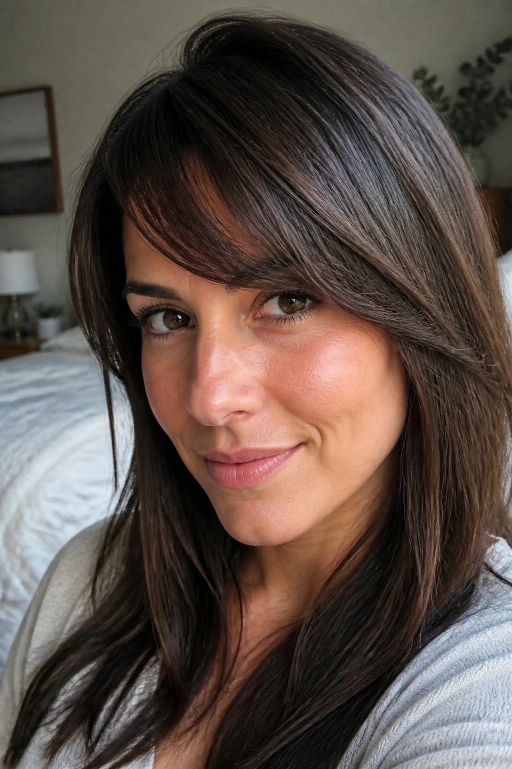 Close-up portrait of a real woman with side-swept straight bangs in natural daylight