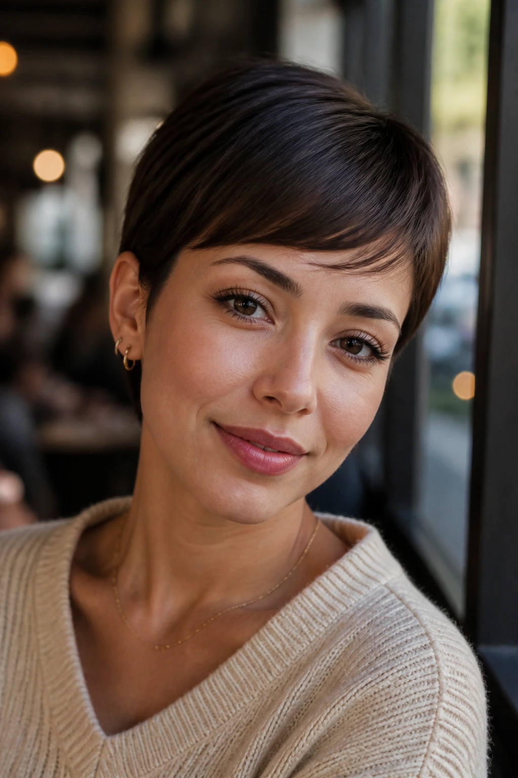 Close-up portrait of a real person with side-swept baby bangs in a cafe window setting