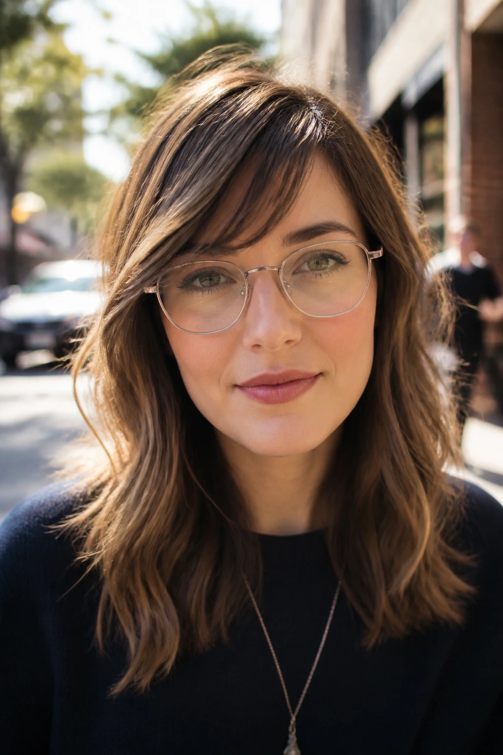 Portrait of woman with side-swept bangs and glasses