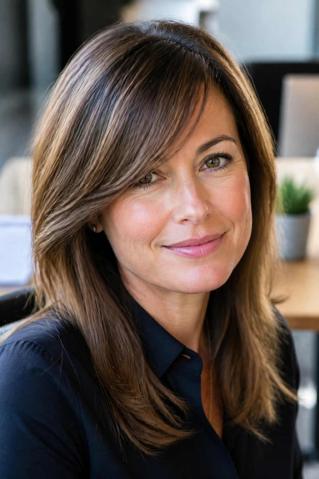 Close-up of a woman with side-swept bangs in an office