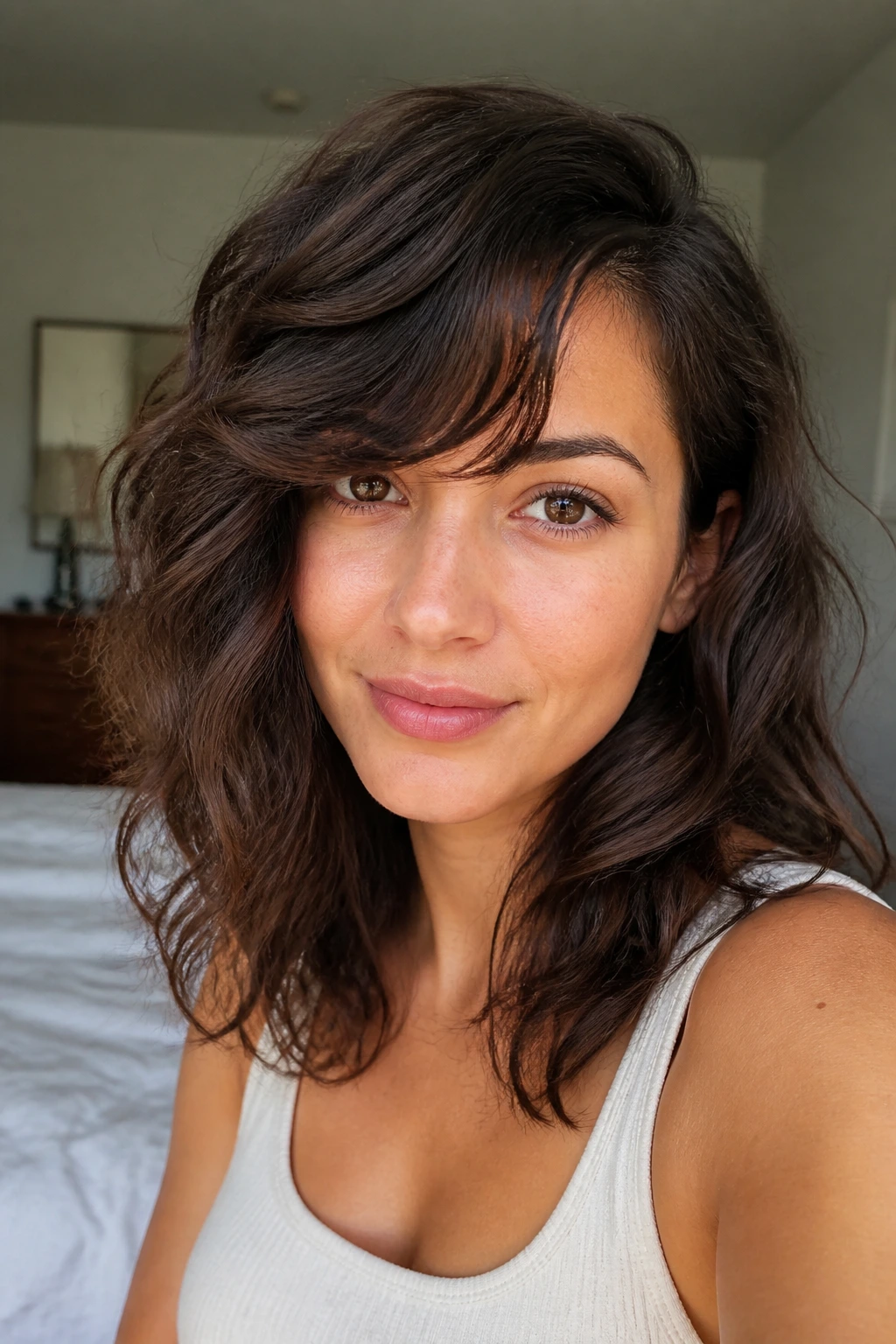 Close-up of a woman with side-swept wavy bangs on an oval face in natural window light.