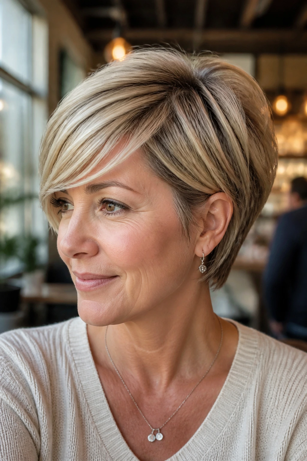 Close-up of woman with side-swept bangs wedge hairstyle