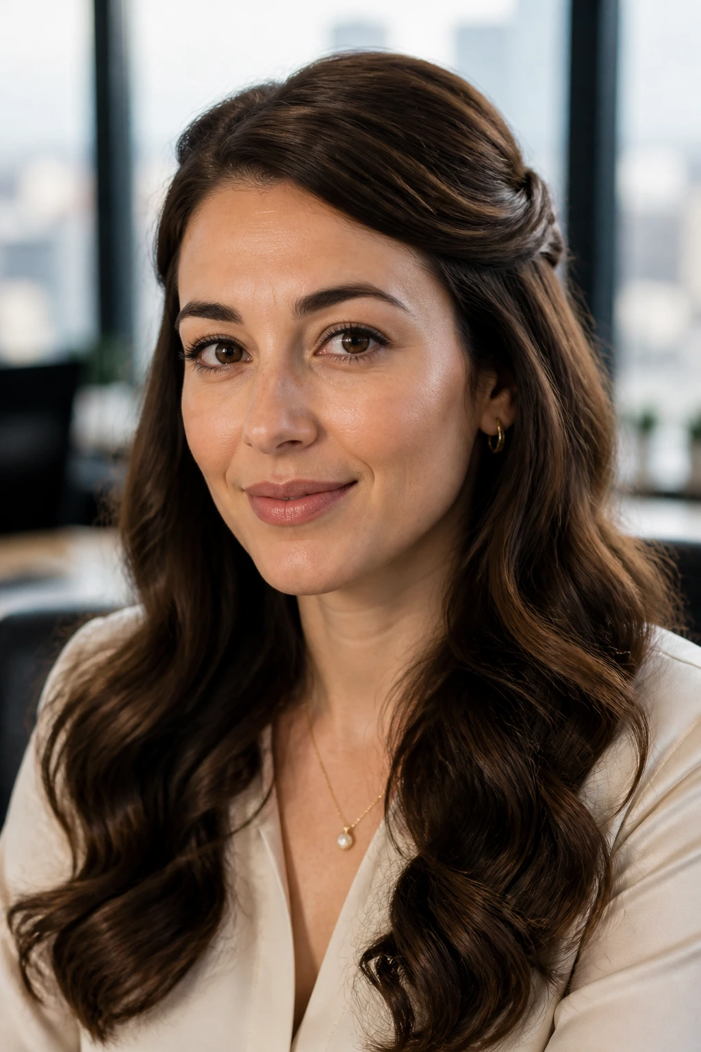 Close-up portrait of a woman with a side-swept barrel roll hairstyle in an office setting