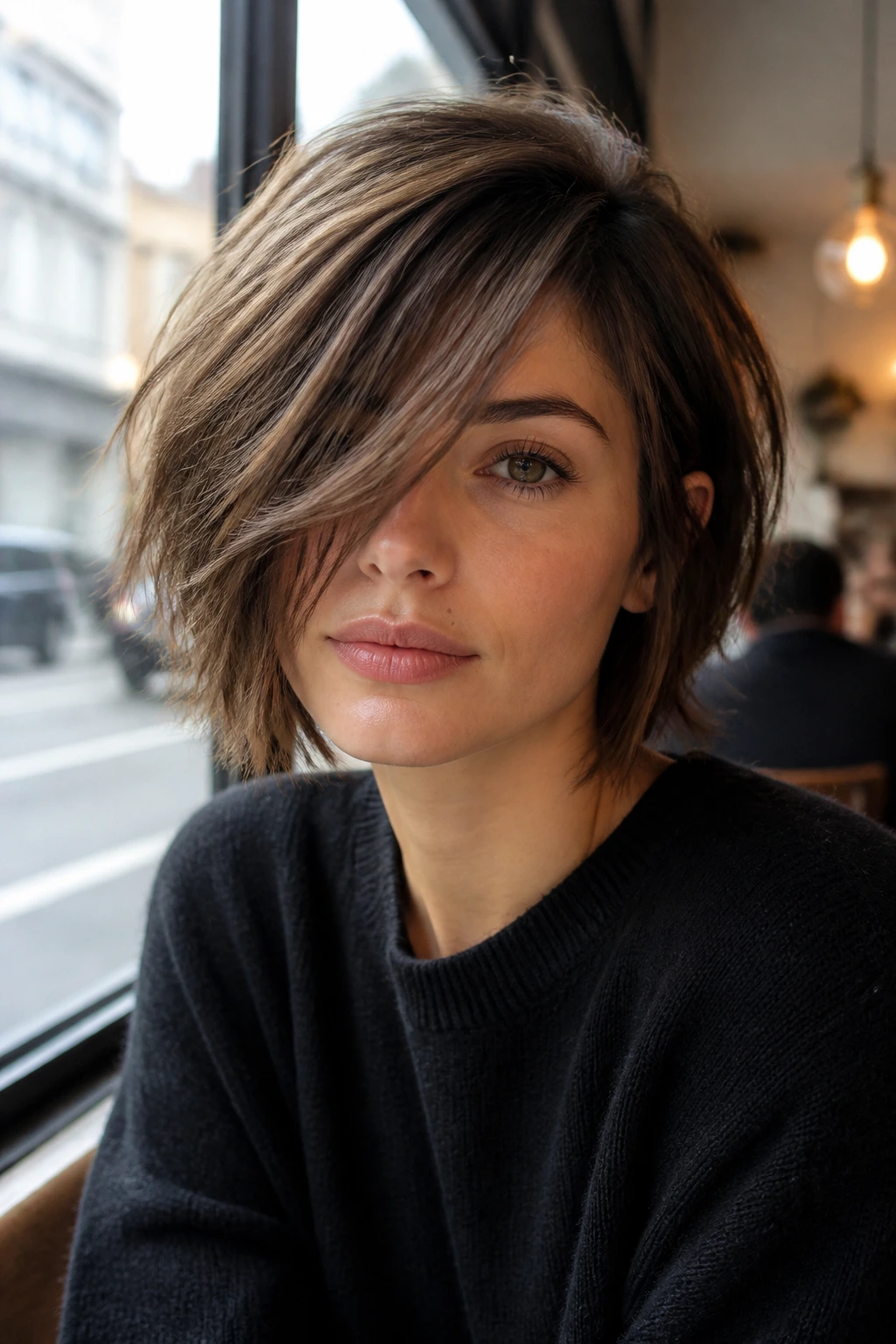 Portrait of a real woman with side-swept bangs and a choppy bob in an urban window seat