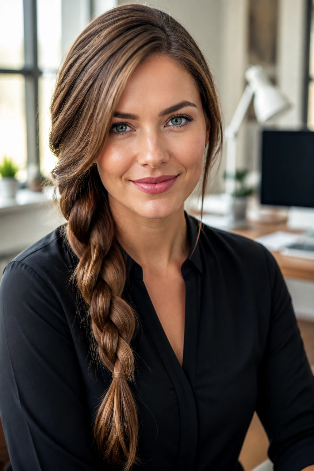 Close-up of a real person with a side-swept braid in a chic workspace