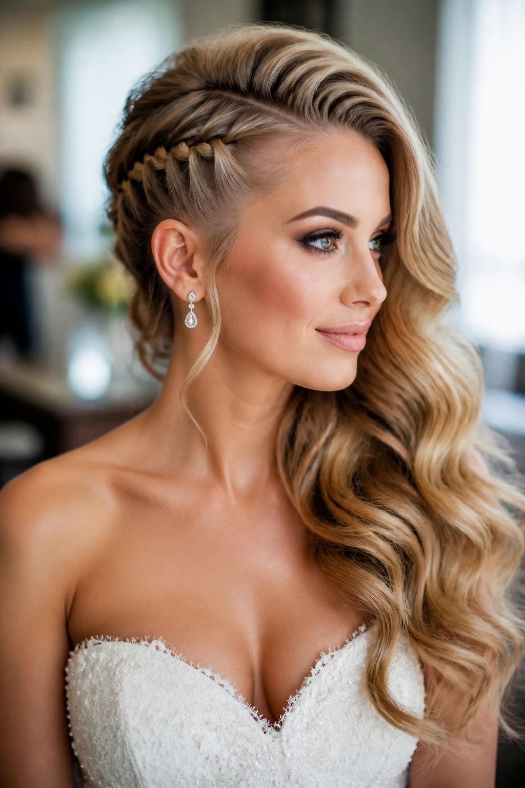 Close-up of a real bride's side-swept French braid with Hollywood waves.