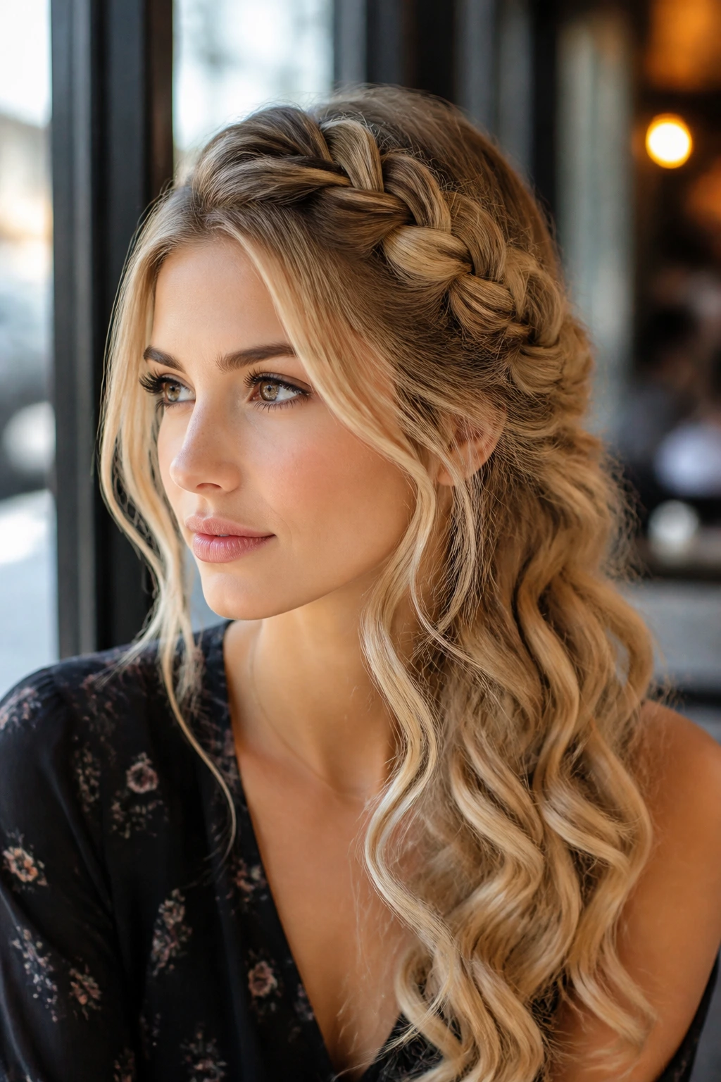 Real woman with side-swept braid and loose curls in natural light