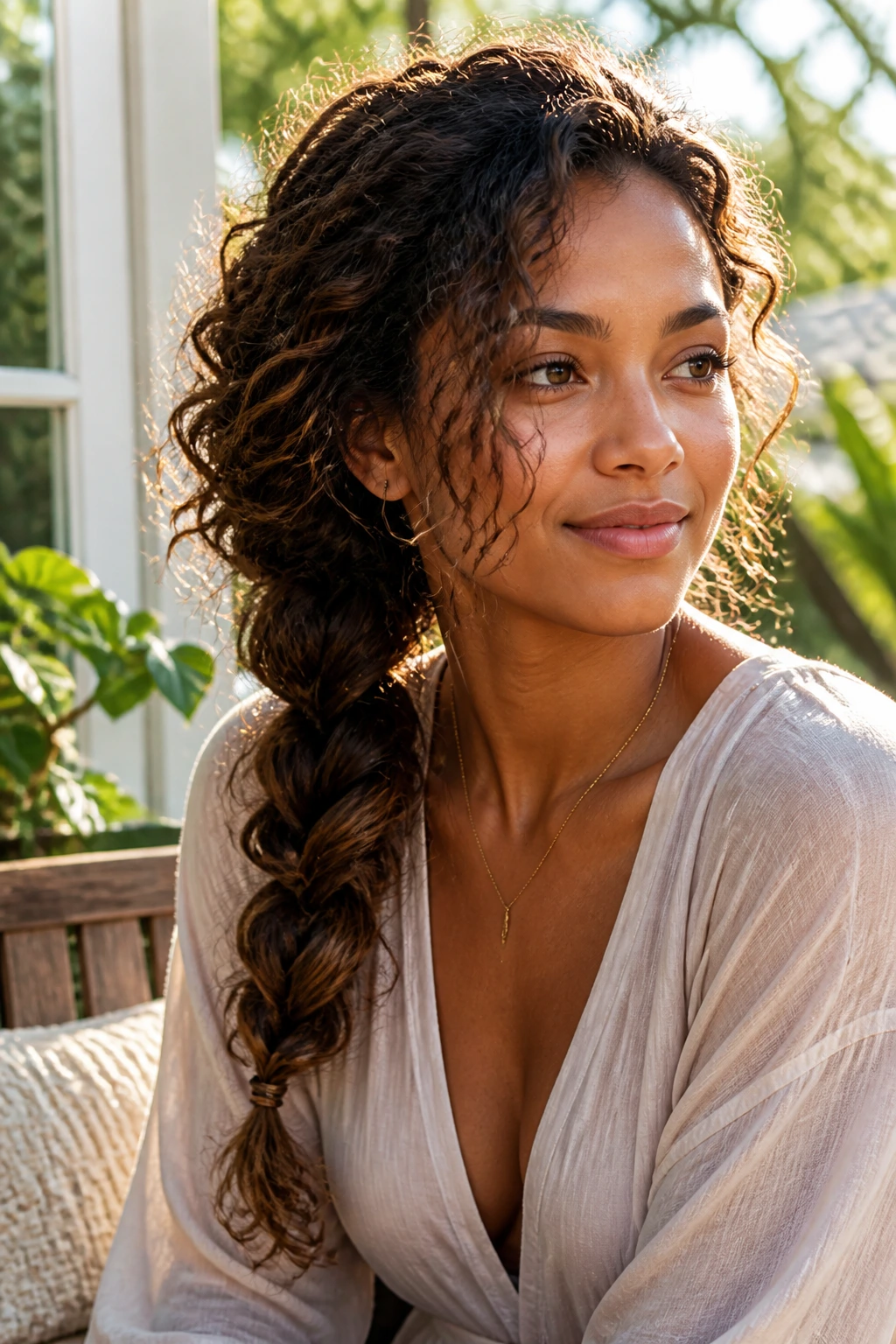Real woman with a loose side-swept braid behind one ear
