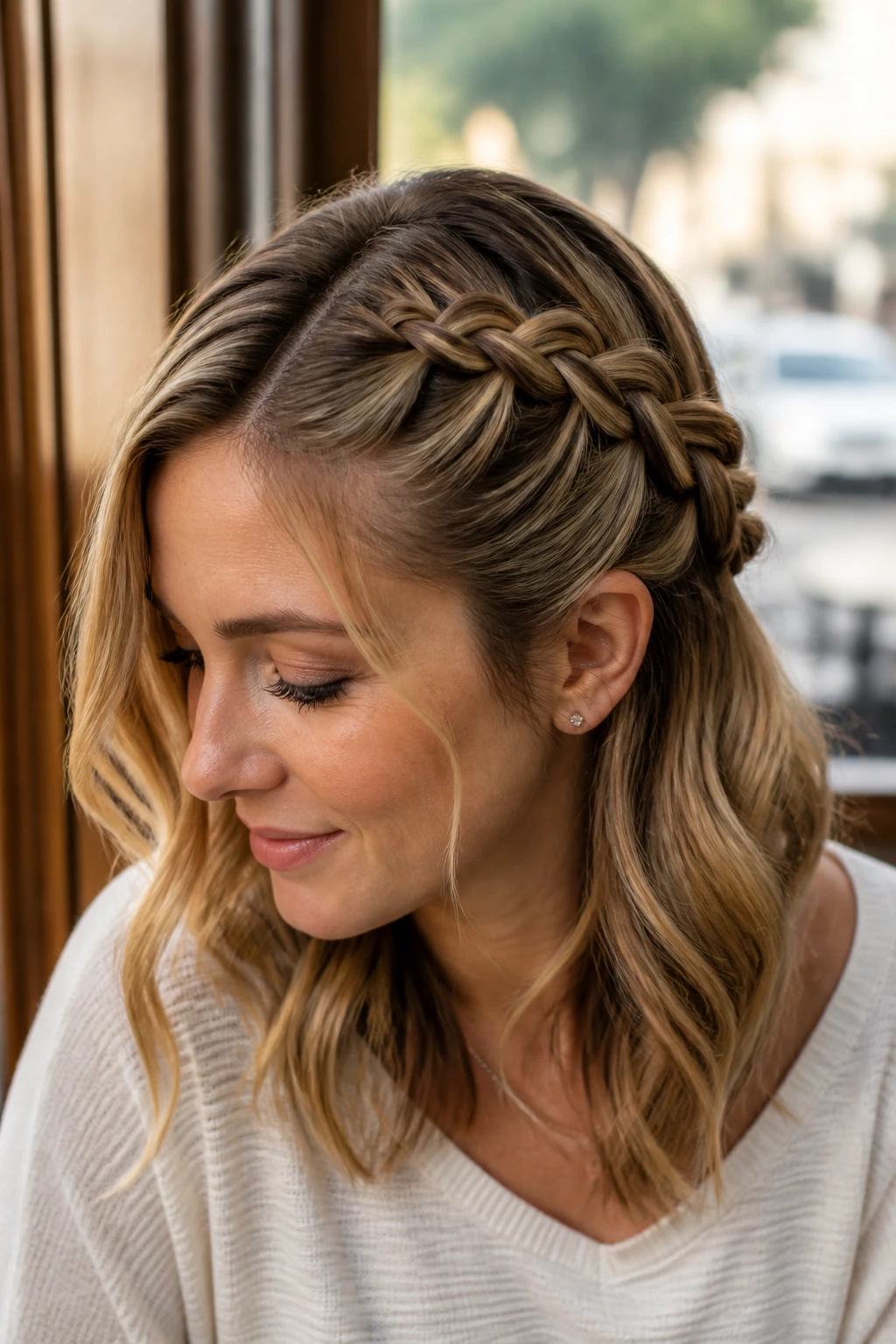 Close-up of a real person with a Side-Swept Dutch Braid