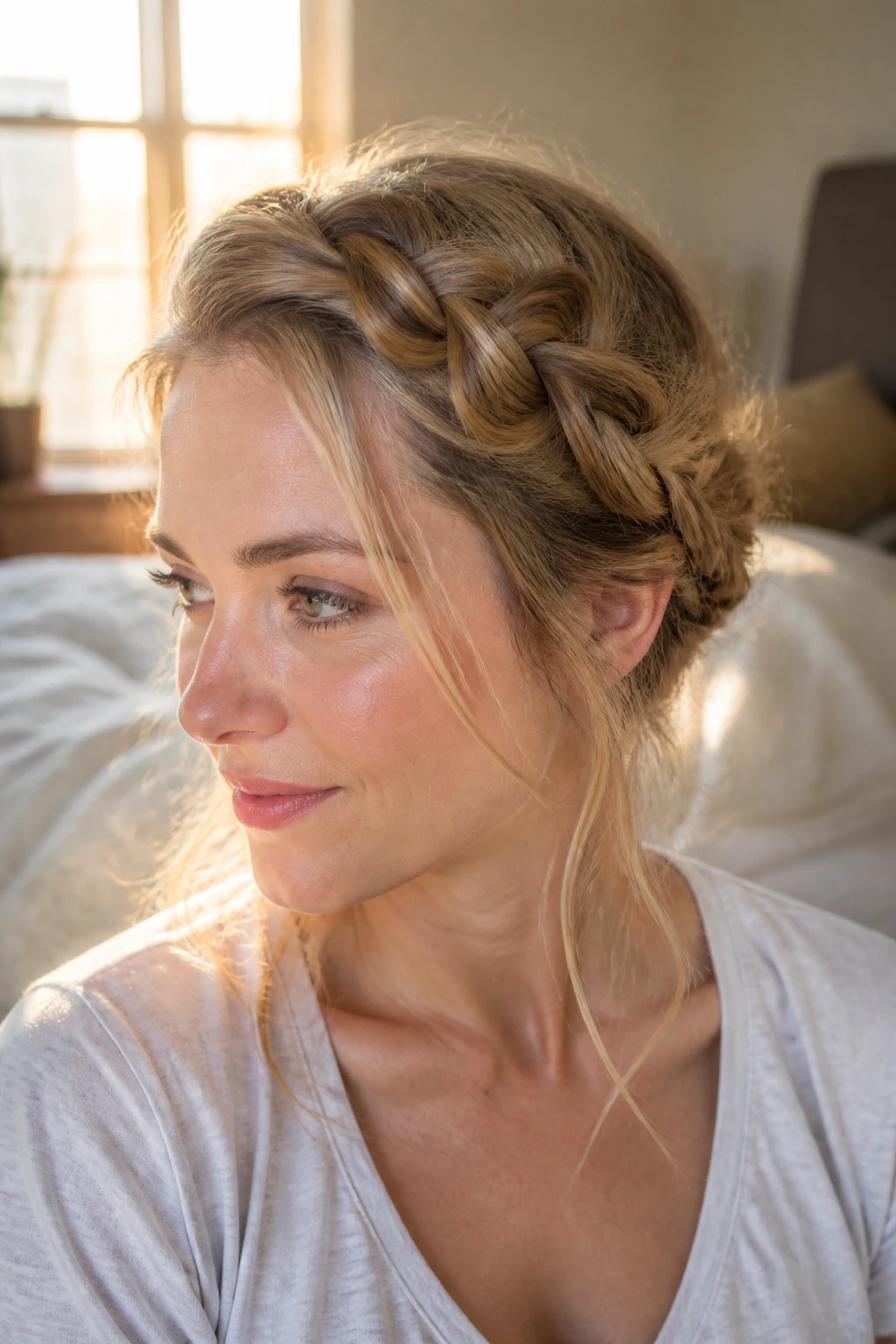 Close-up of a real woman wearing a messy side-swept French braid in warm bedroom light