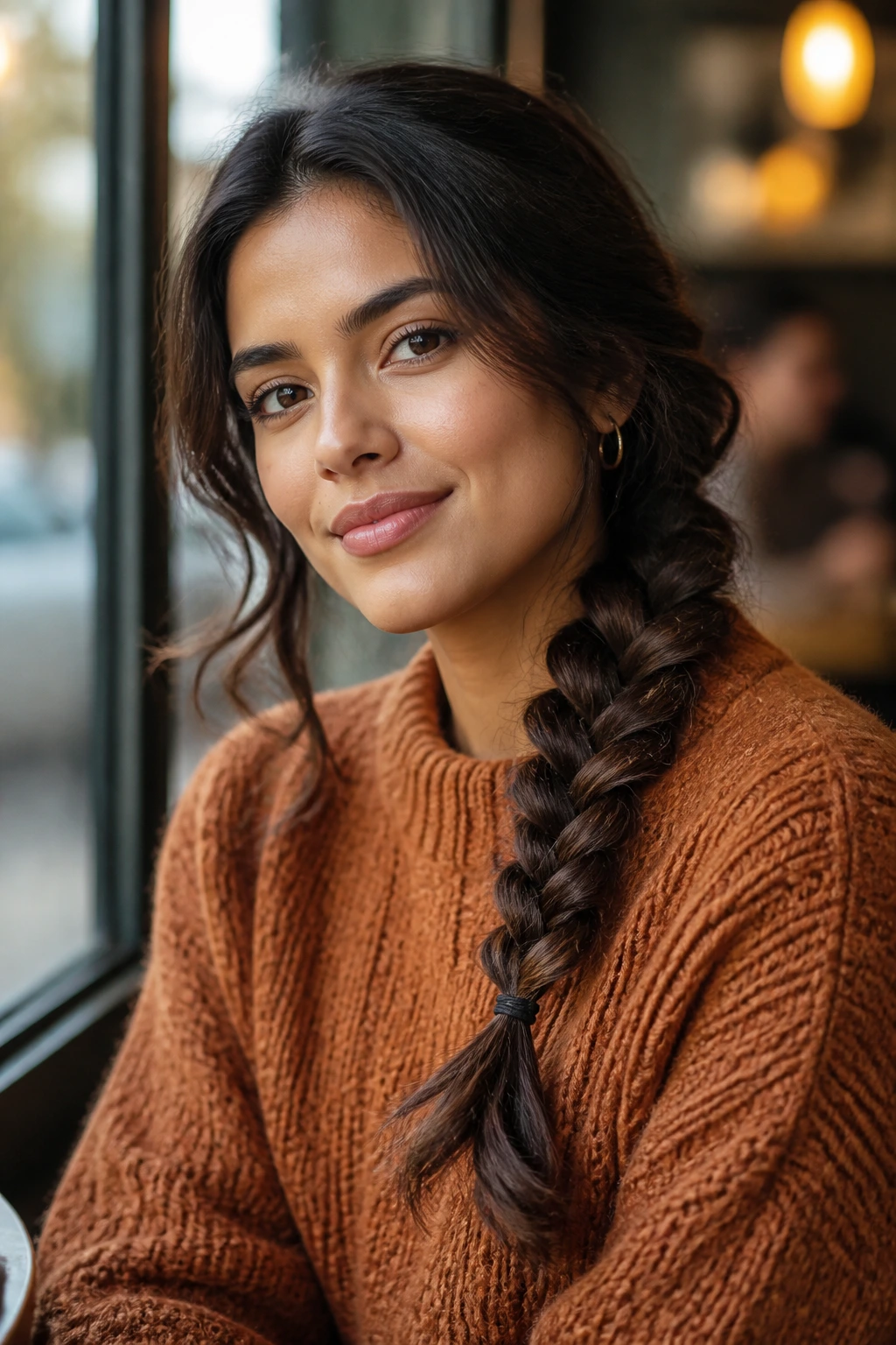 Close-up of a woman with a side-swept loose braid in natural window light