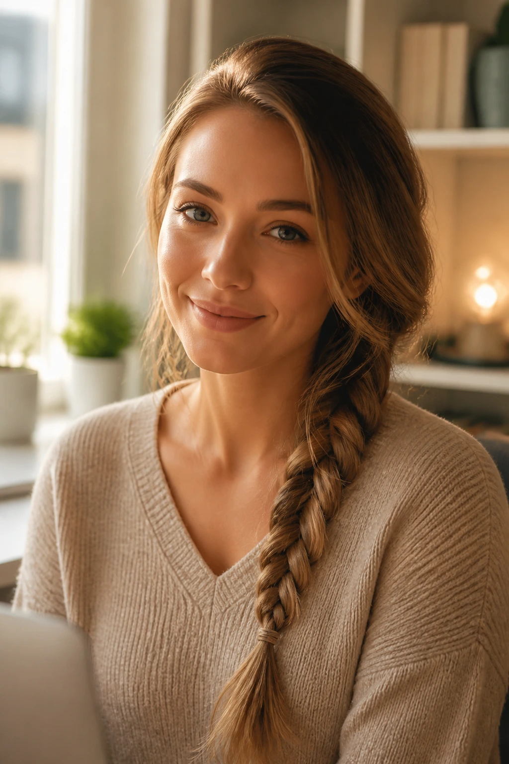 Close-up of a real woman with a side-swept braid over one shoulder.