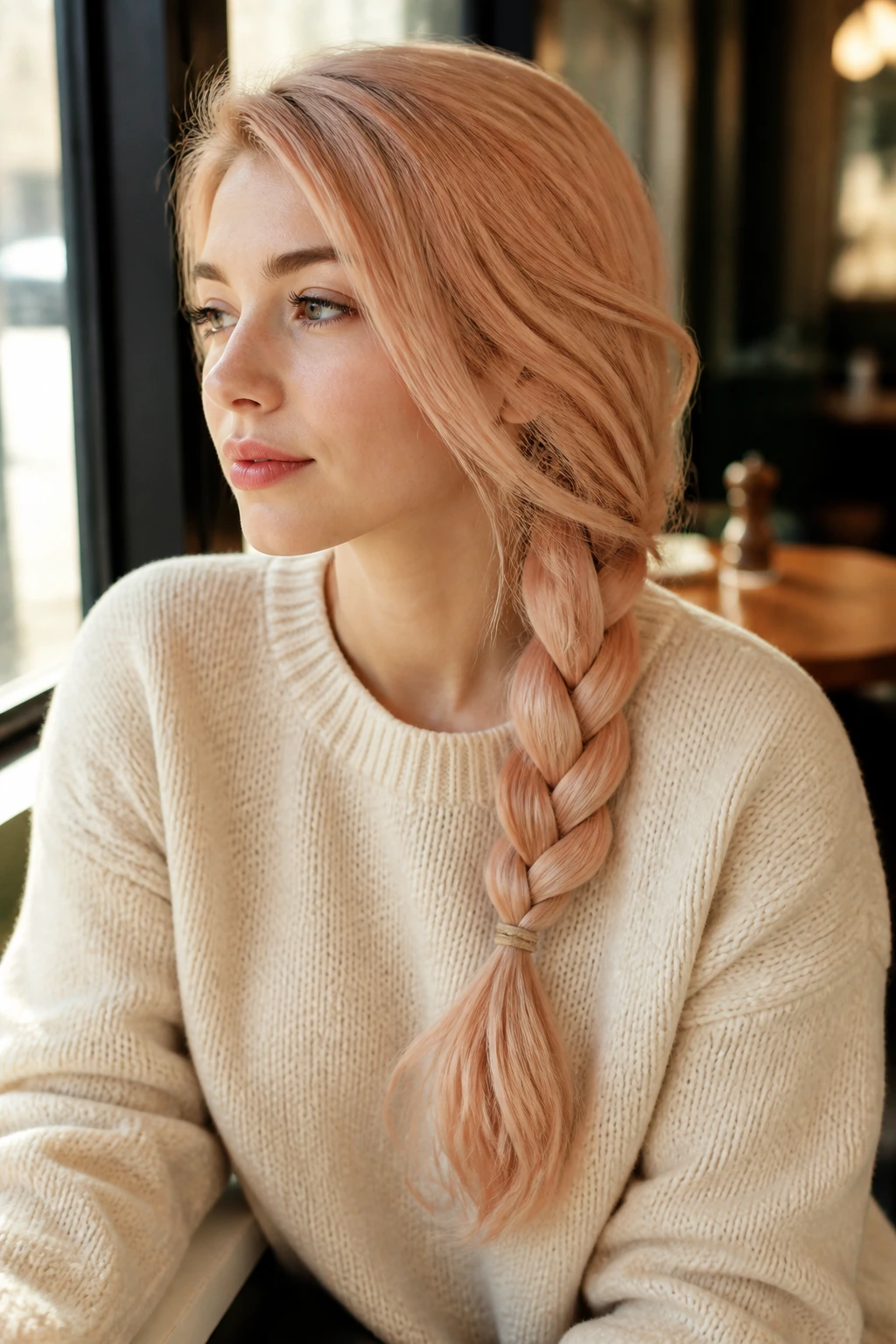 Portrait of a real person with a low side-swept braid in peach nude hair