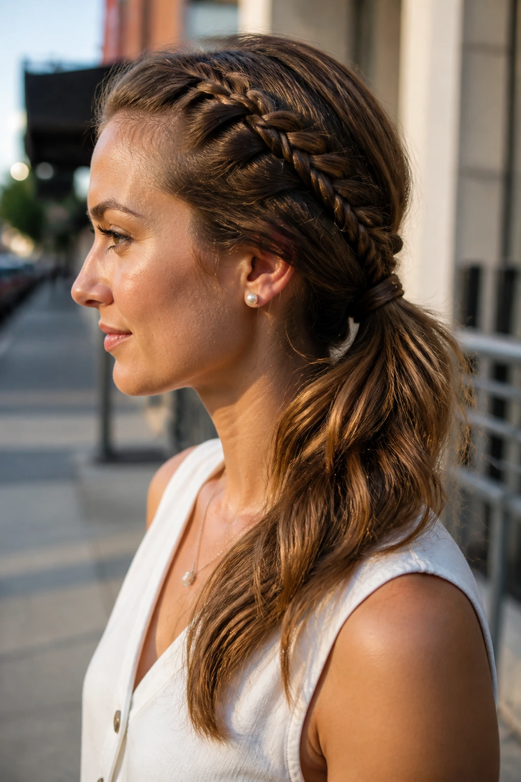 Side profile of real person with side braid into a ponytail