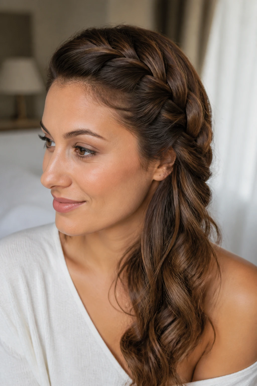 Close-up of a real woman's side-swept French braid framing her face in warm bedroom light