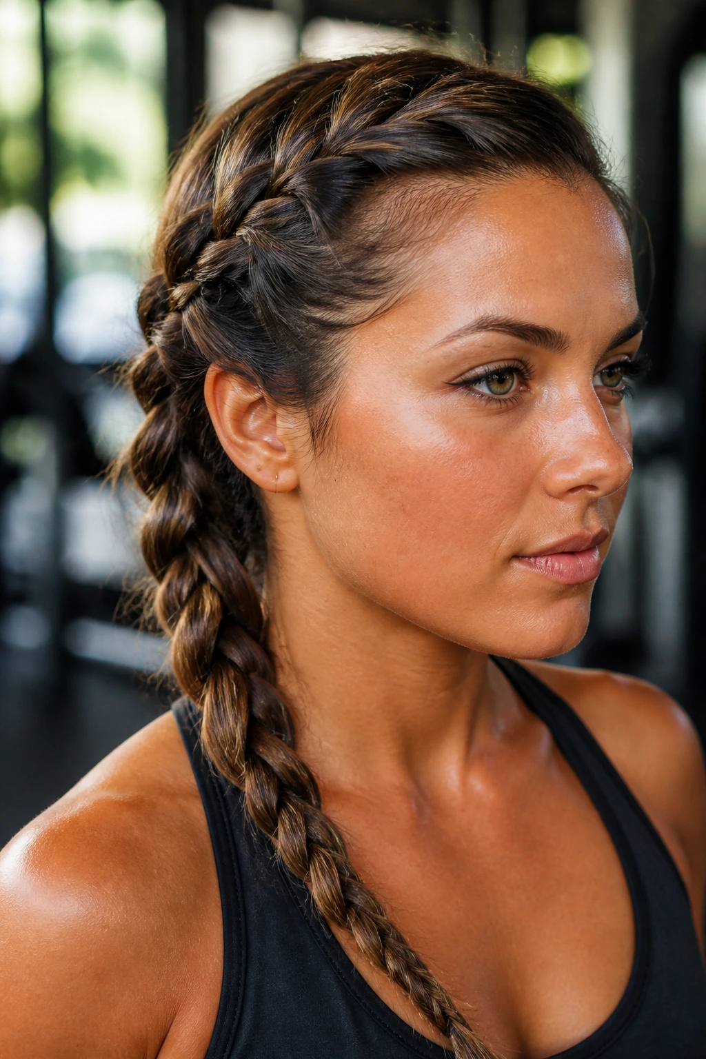 Portrait of a real person with a side-swept braid during workout