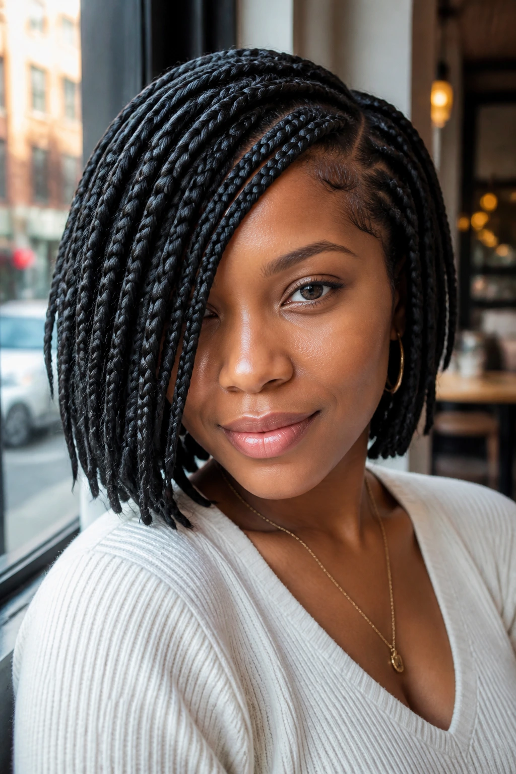 Real woman with side-swept braided bob at cafe window