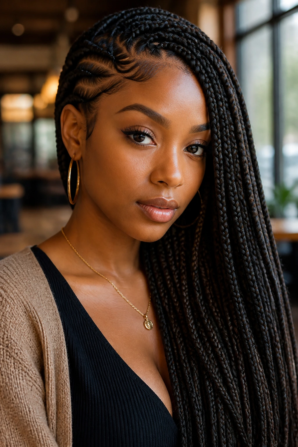 Real woman with side-swept braids highlighting the jawline.