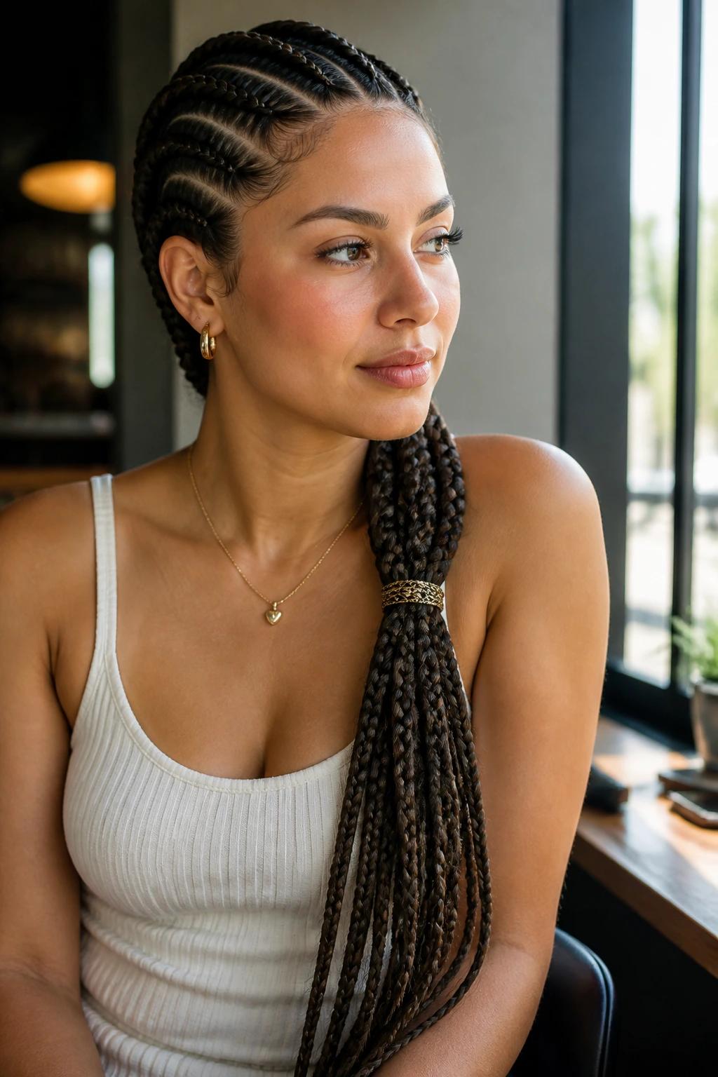 Braids draped over one shoulder with a decorative hair tie.