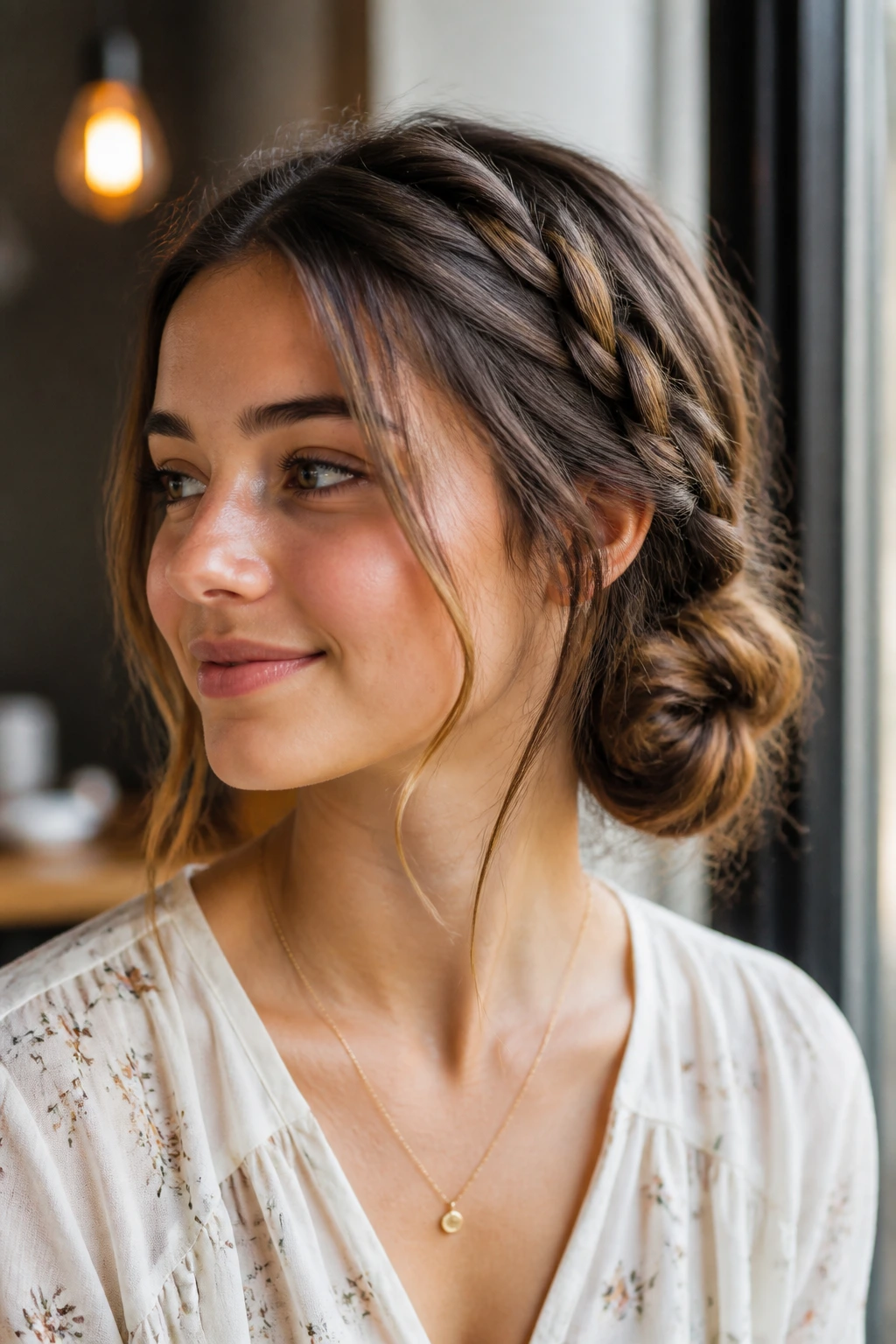 Close-up portrait of a person with a low side-braided bun