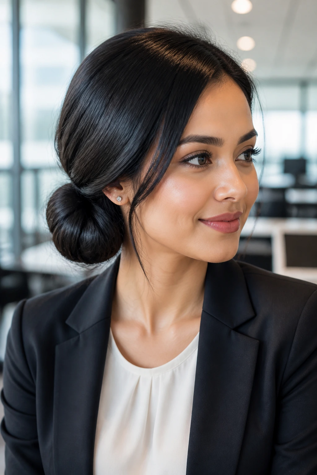 Close-up of a real woman with a side-swept low bun in an office setting.