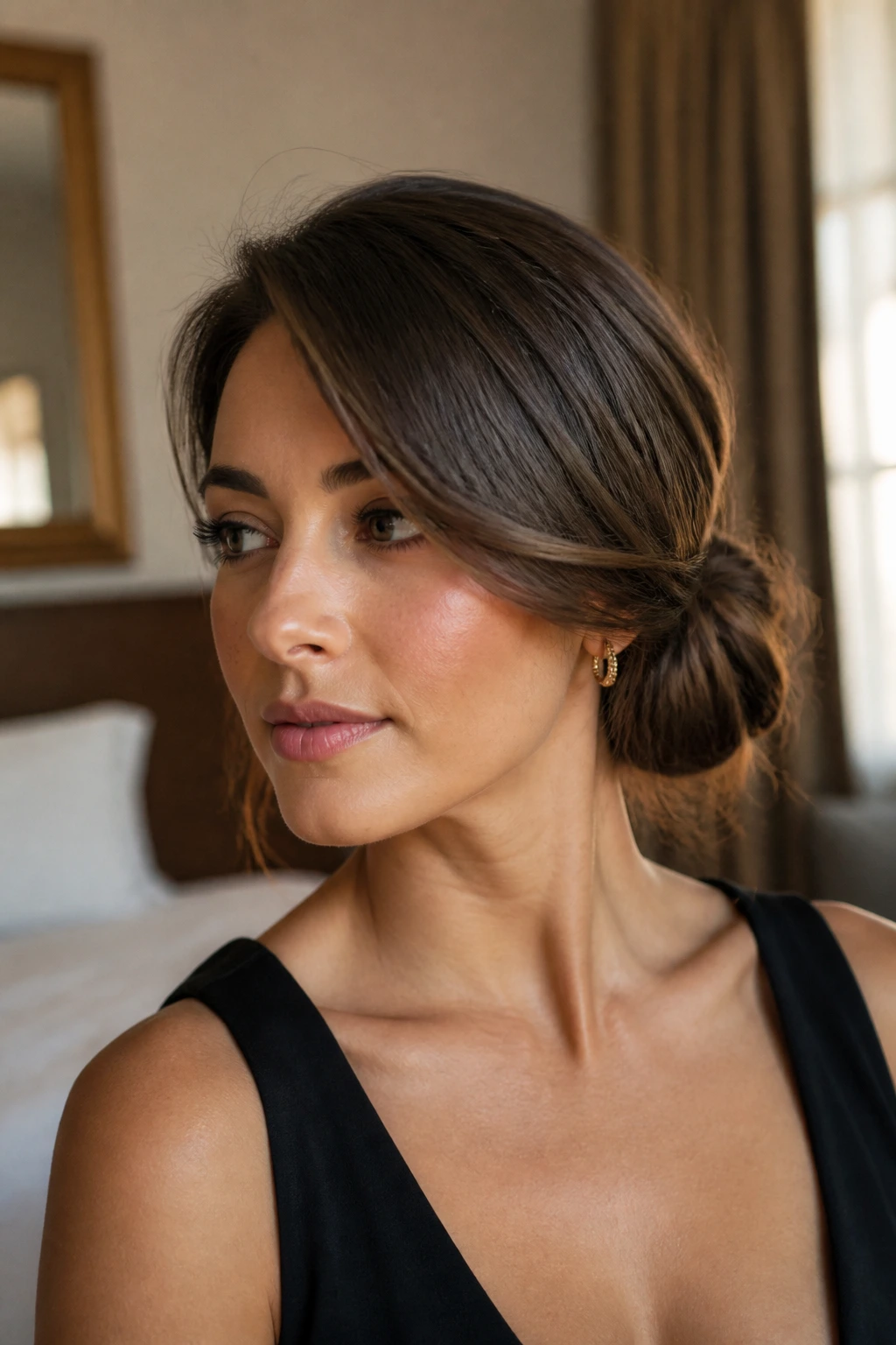 Close-up of a woman with a deep side part and loose low bun behind the ear in natural window light