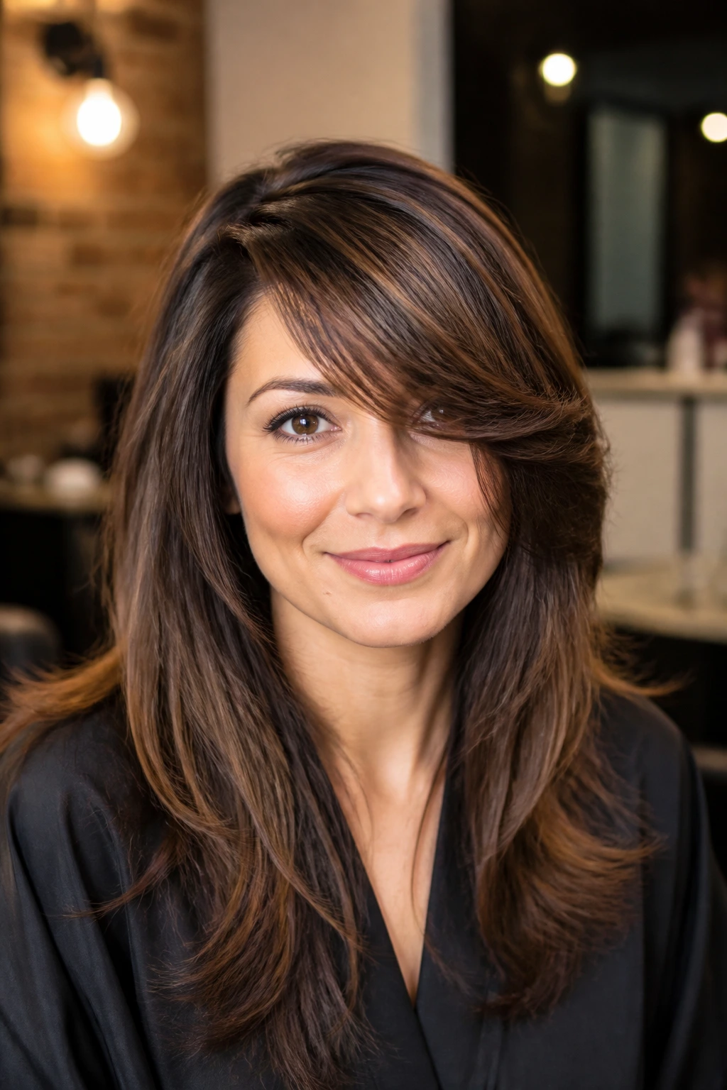 Close-up of a real woman with deep side-part cascading bangs sweeping across the face