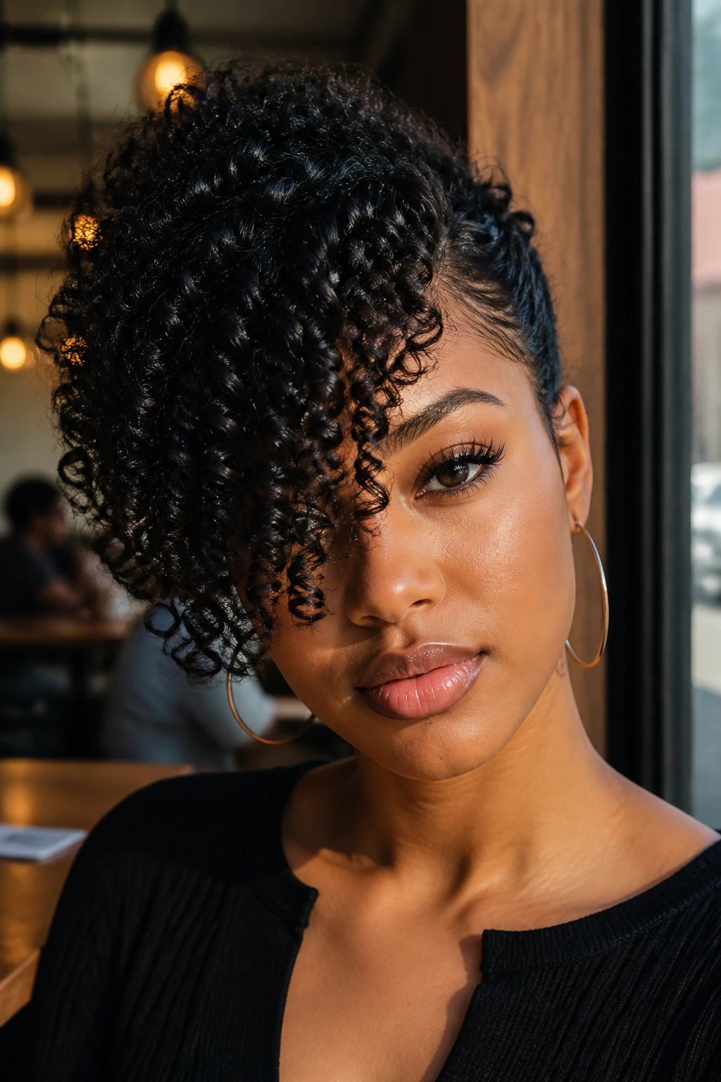 Close-up of side-swept coily bangs on a real person