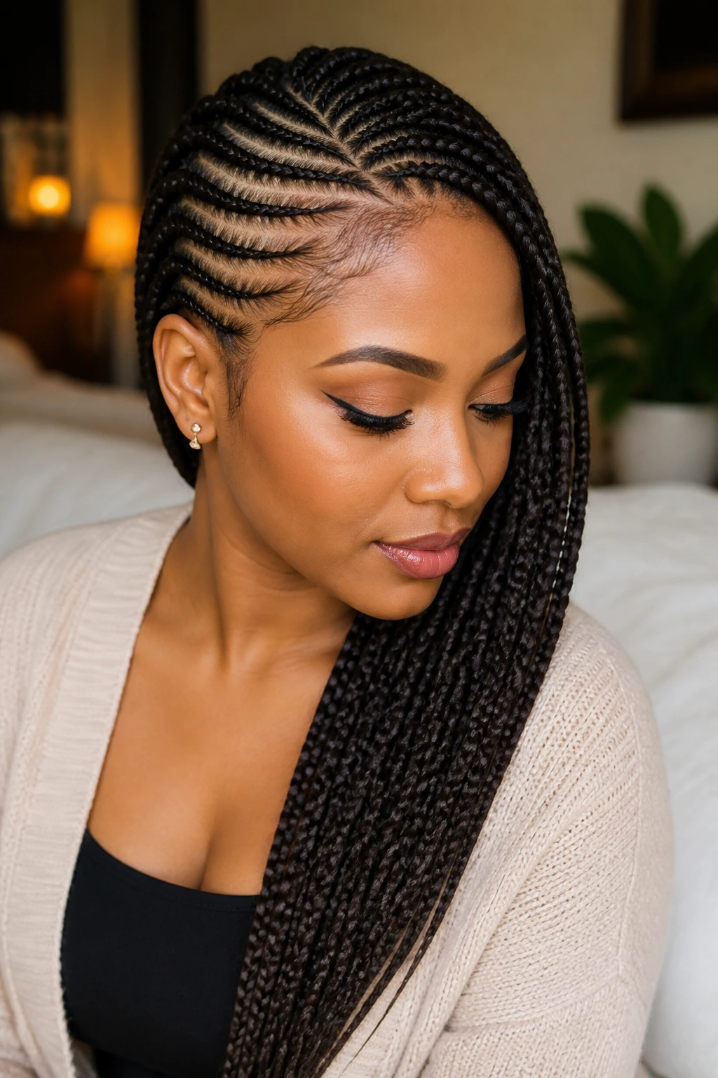 Close-up portrait of a real person with side-swept cornrows.