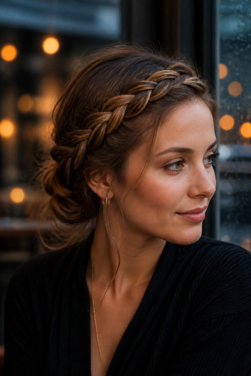 Close-up portrait of a real woman with a side-swept braided diadem across the temple.