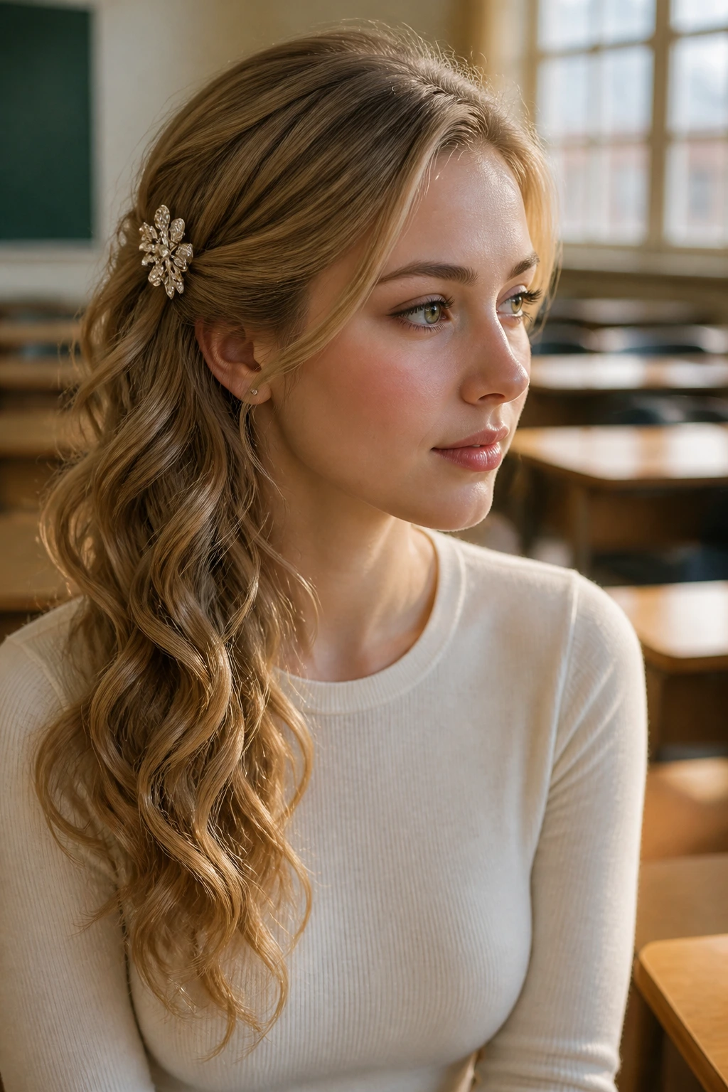 Side-swept curls pinned behind ear in classroom setting