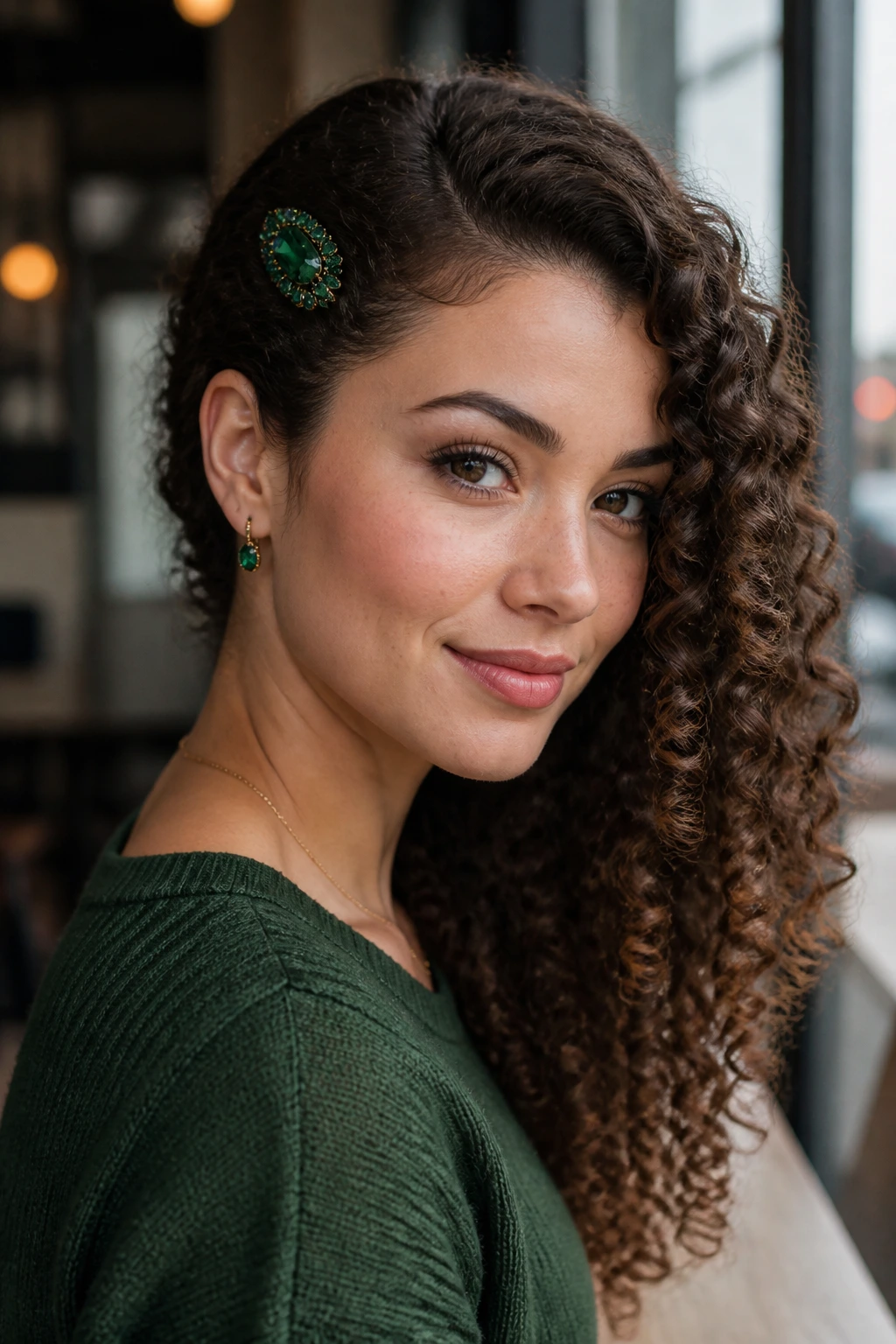 Close-up of side-swept curls with a large emerald clip at the temple